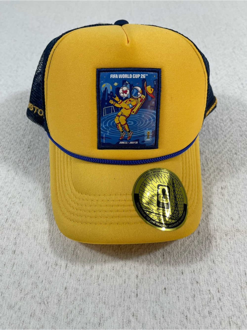 FIFA World Cup 26 Houston Yellow/Blue Trucker Hat Mesh Snapback Cap. NWT.#0640.